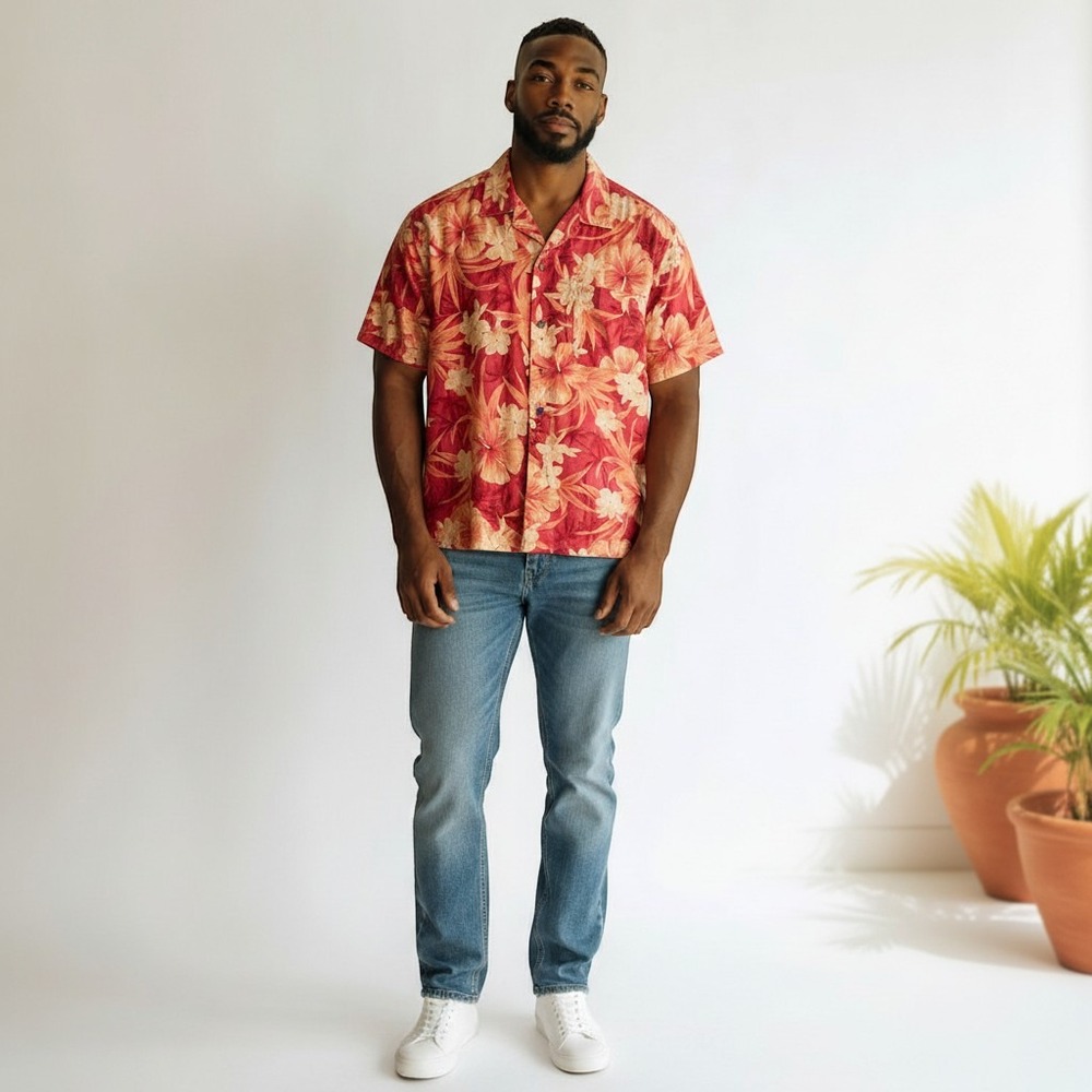 Caribbean Joe Mens XL 100% Linen Tropical Hibiscus Floral Camp Shirt Red Pink